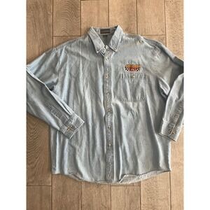 VTG LA Loving Speedway Chevrolet Denim Button Down Shirt Mens XL Light Wash Blue